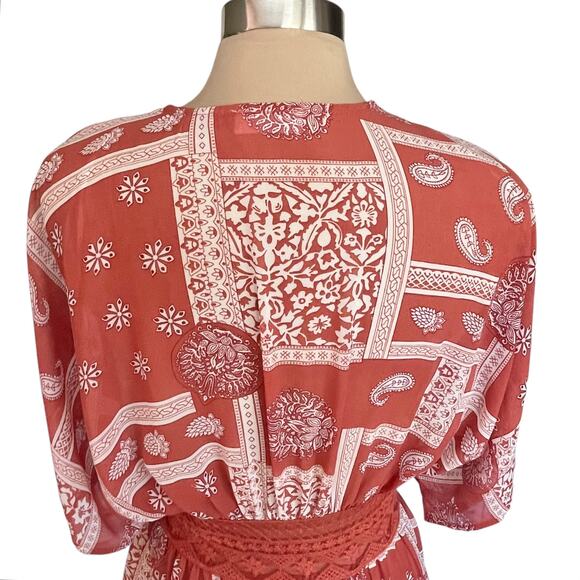 Blu Ivy Duster Kimono MED Rust White Asian Inspired Print Lace Button Waist Boho - Picture 7 of 11